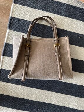 Zara Taupe Canvas Tote Bag with Leather Handles